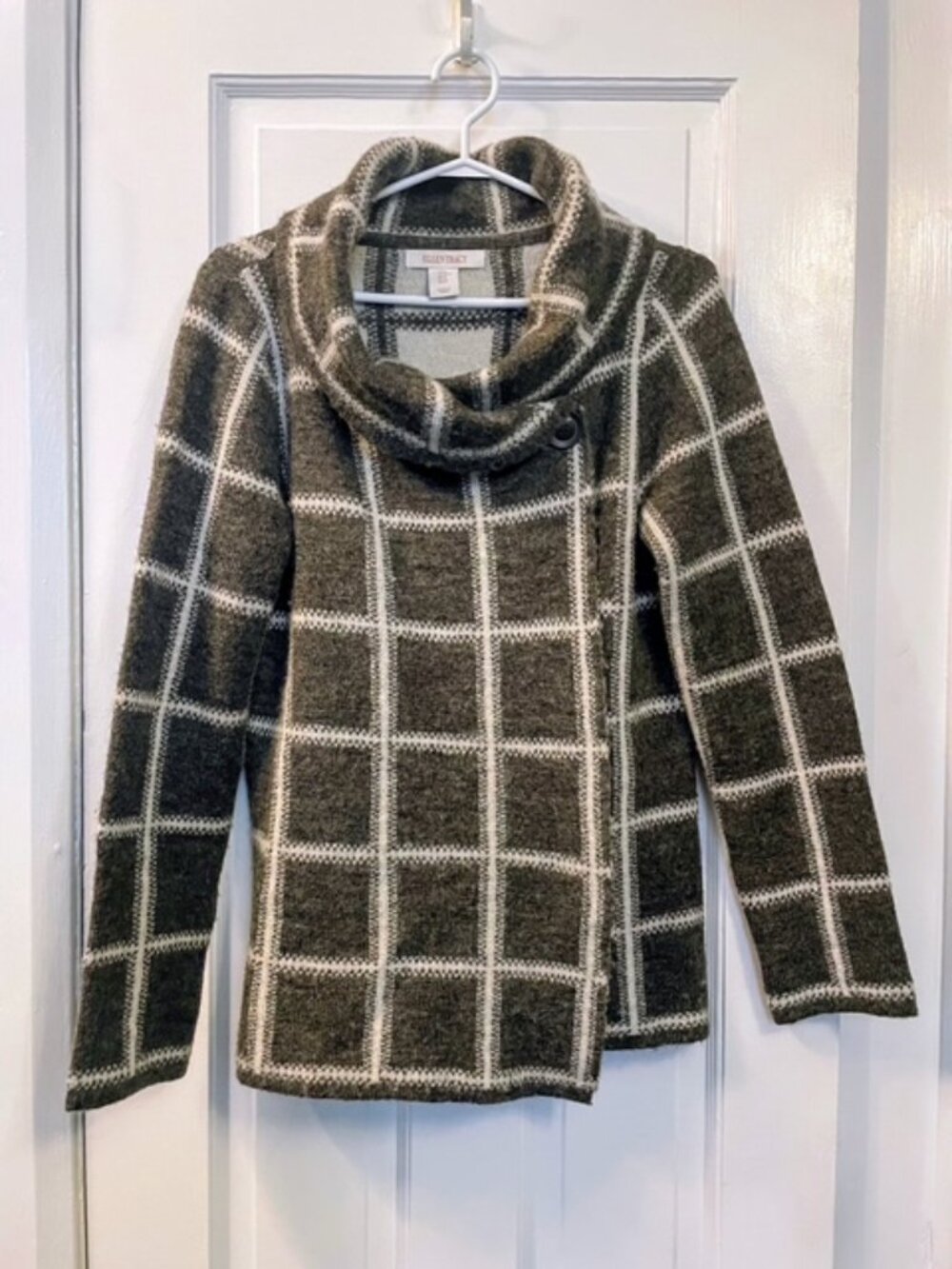 Ellen Tracy Cowl Neck Sweater Jacket Windowpane Plaid Grey and White  Size M